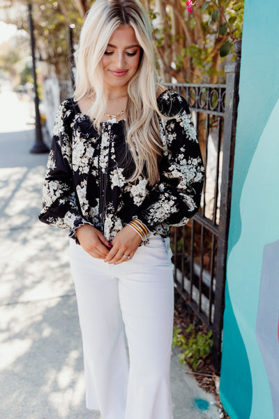 Black Floral Sweetheart Button Down Top