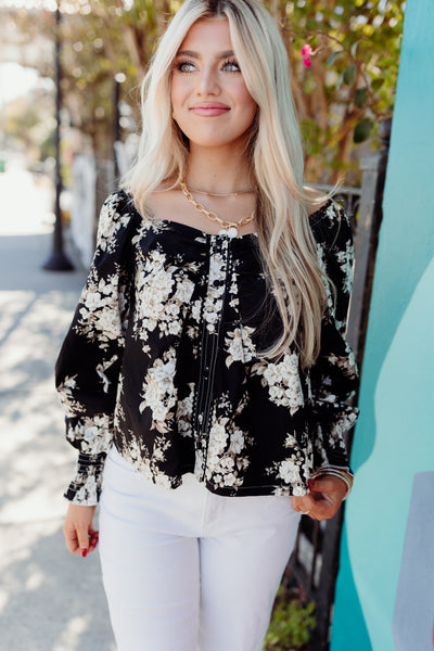 Black Floral Sweetheart Button Down Top