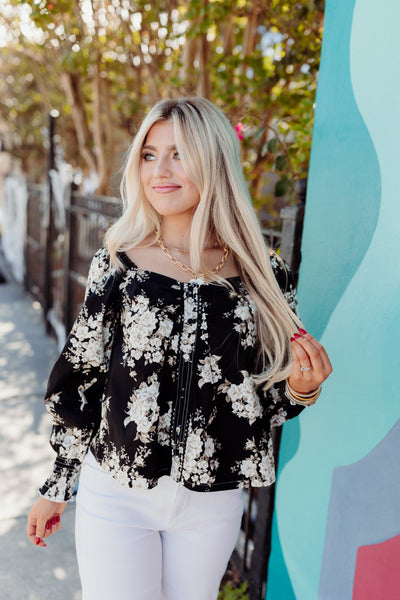 Black Floral Sweetheart Button Down Top