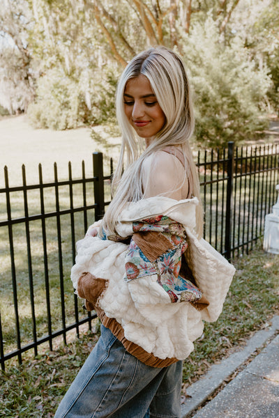 Ivory Multi Oversized Floral Contrast Quilted Jacket