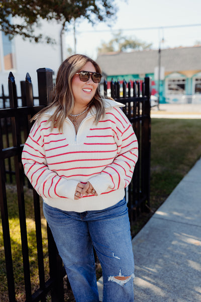 Z Supply Villa Half Zip Stripe Sweater- Red Pepper