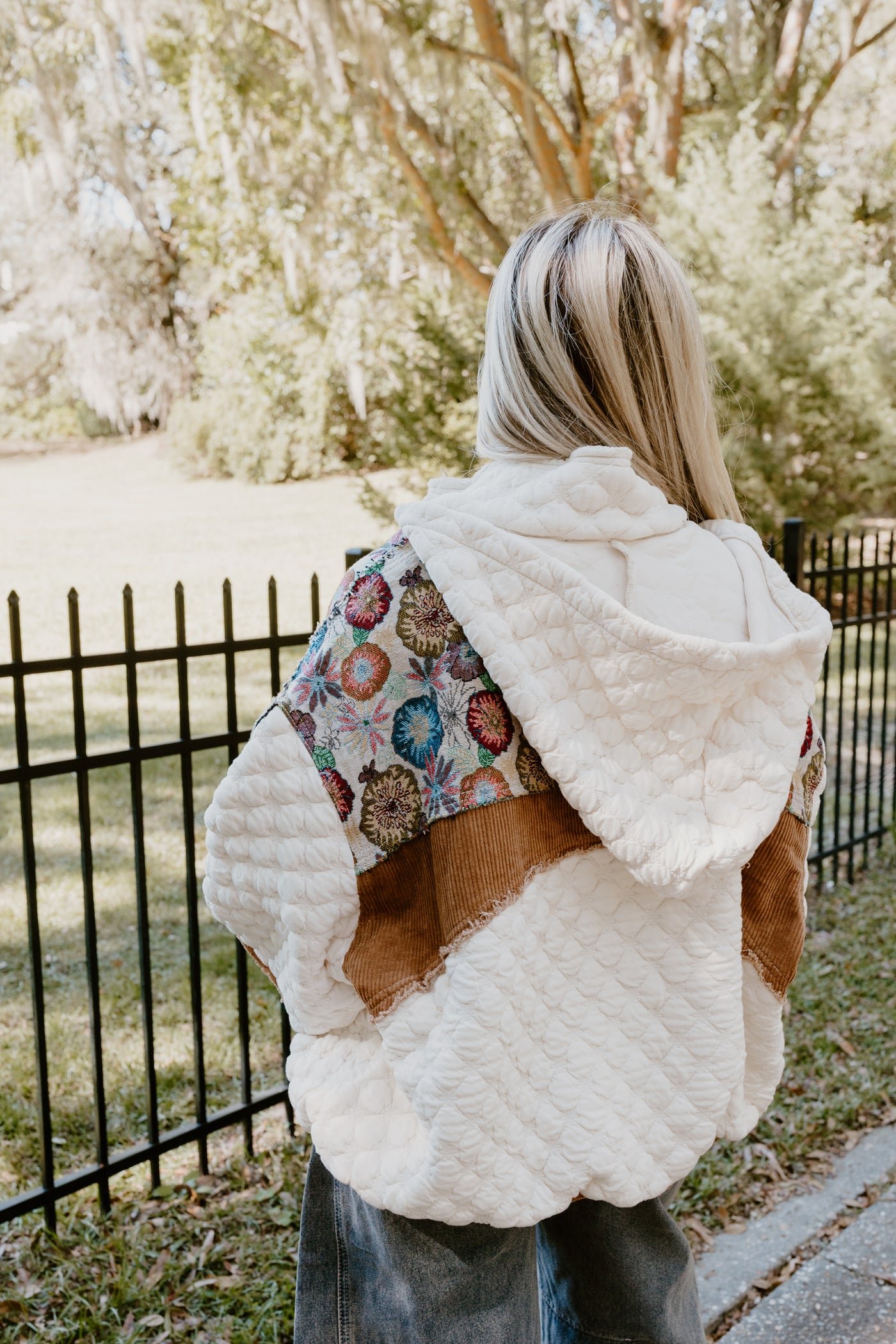 Ivory Multi Oversized Floral Contrast Quilted Jacket