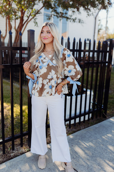 Brown Floral 3/4 Sleeve Peplum Top