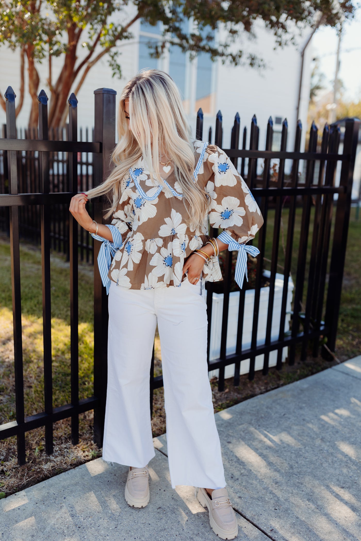 Brown Floral 3/4 Sleeve Peplum Top