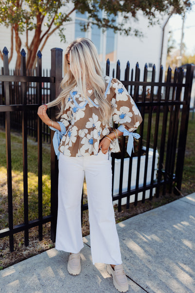 Brown Floral 3/4 Sleeve Peplum Top