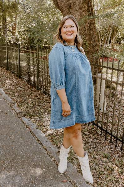 Denim Pleated Detail Babydoll Dress