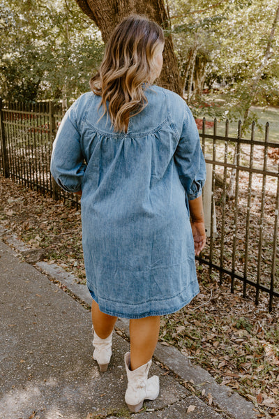 Denim Pleated Detail Babydoll Dress