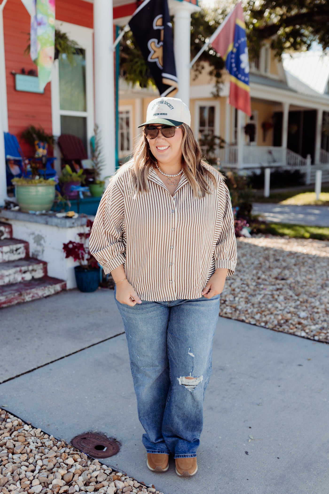 Mocha Textured Striped Button Down Top