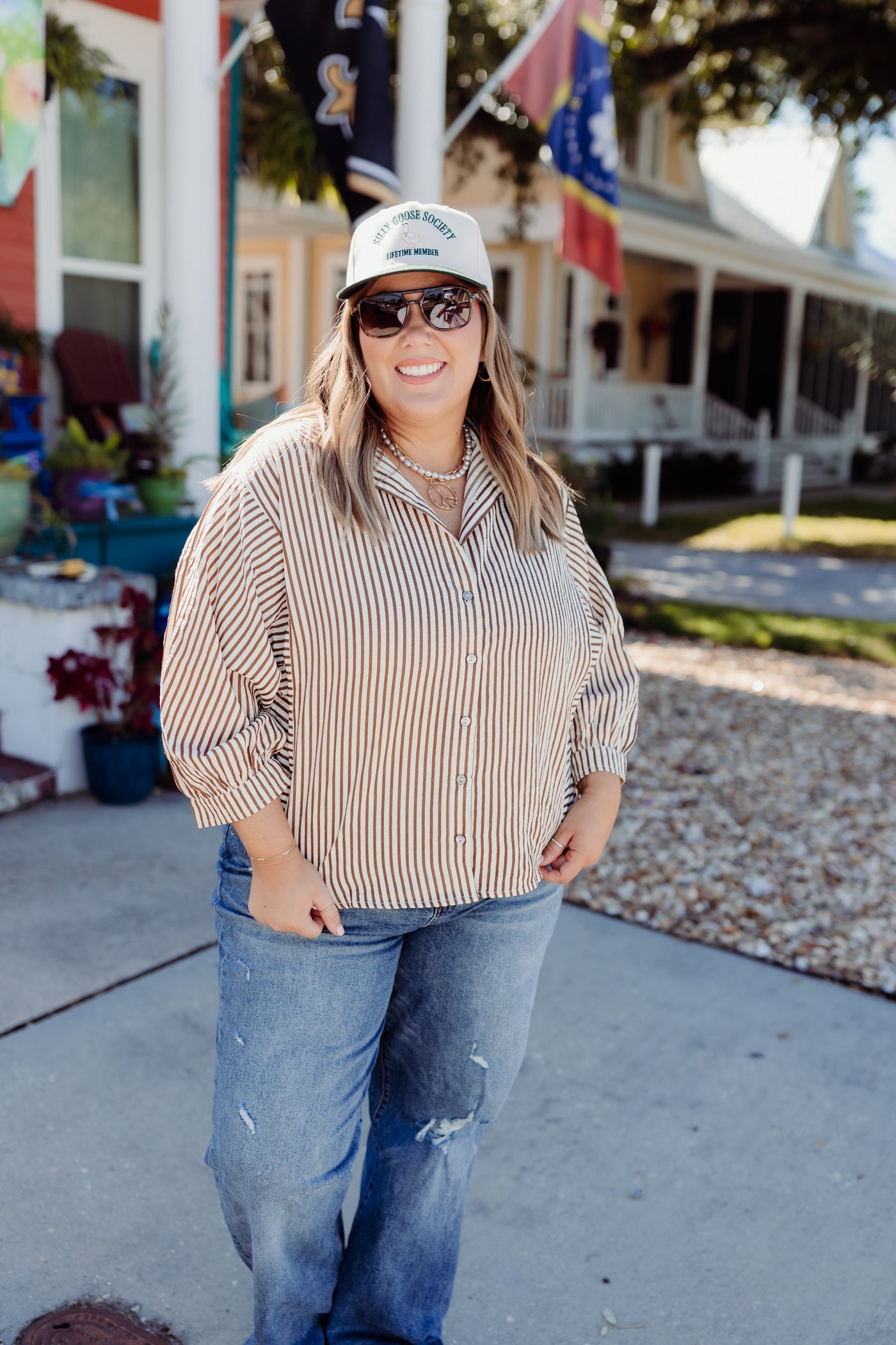 Mocha Textured Striped Button Down Top