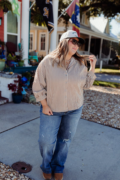 Mocha Textured Striped Button Down Top