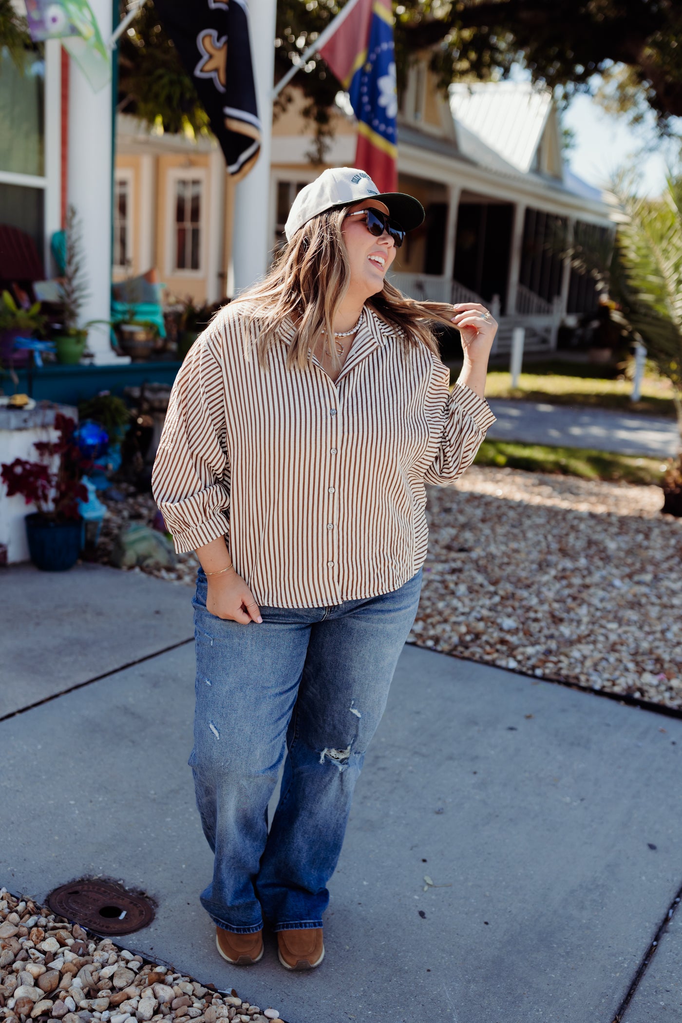 Mocha Textured Striped Button Down Top