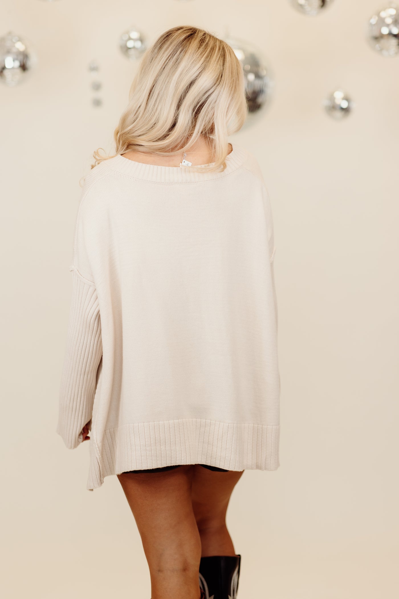 Almond V-Neck Long Sleeve Side Slit Top