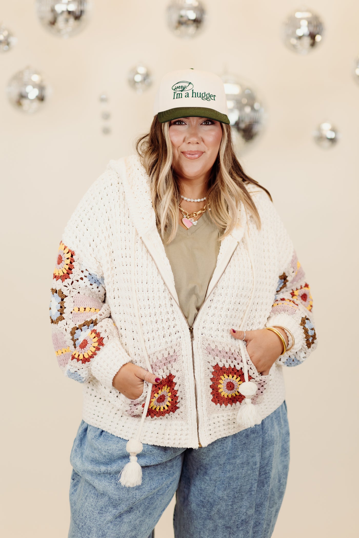 Powder Beige Multi Raglan Square Pattern Crochet Jacket