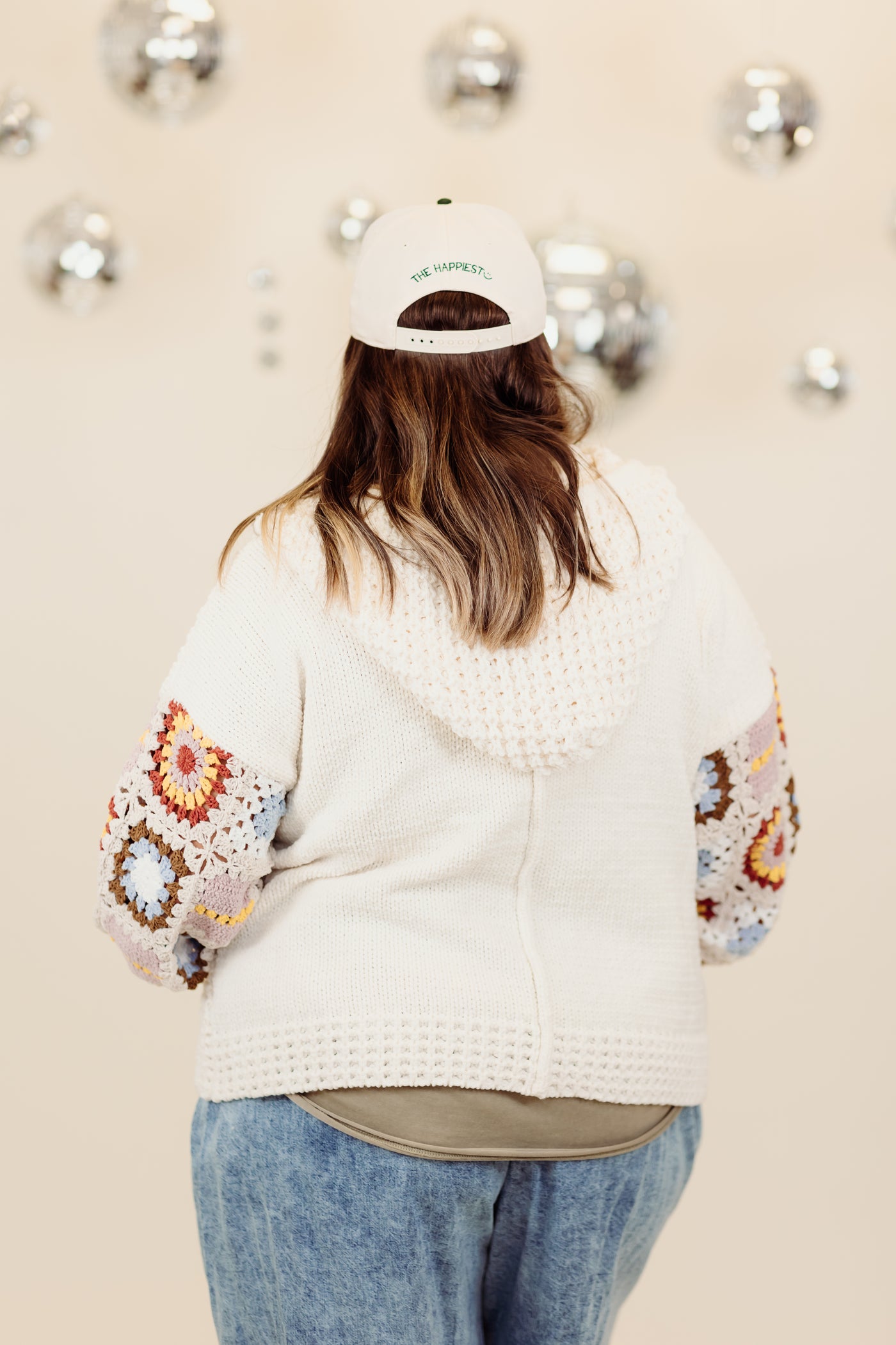 Powder Beige Multi Raglan Square Pattern Crochet Jacket