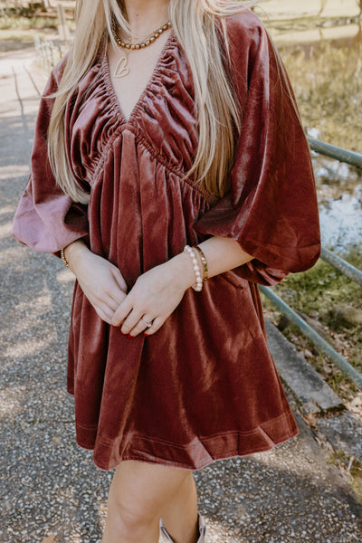 Marsala Velvet Puff Sleeve Deep V-Neck Dress