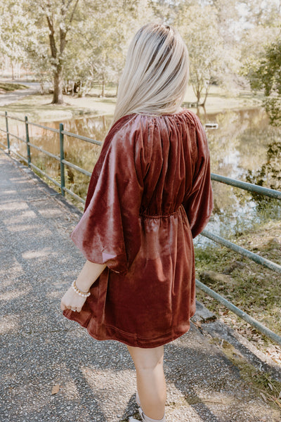 Marsala Velvet Puff Sleeve Deep V-Neck Dress