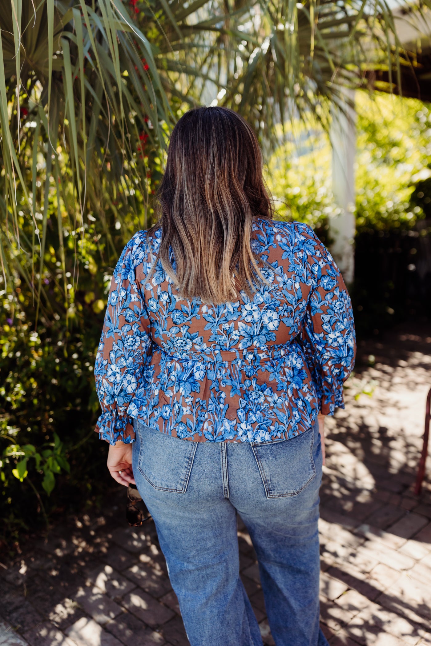 Brown Floral Elastic 3/4 Sleeve Top