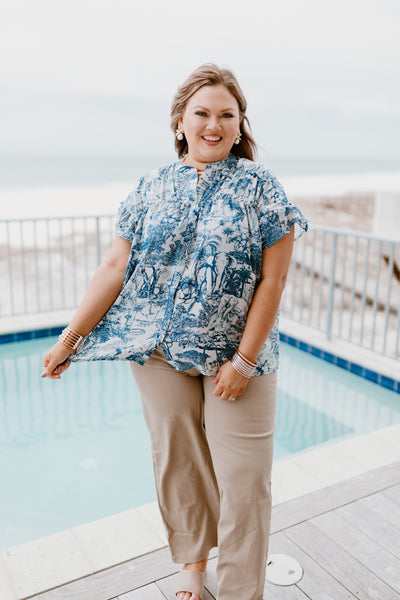 Blue Chinoiserie Pleat Detail Button Down Top