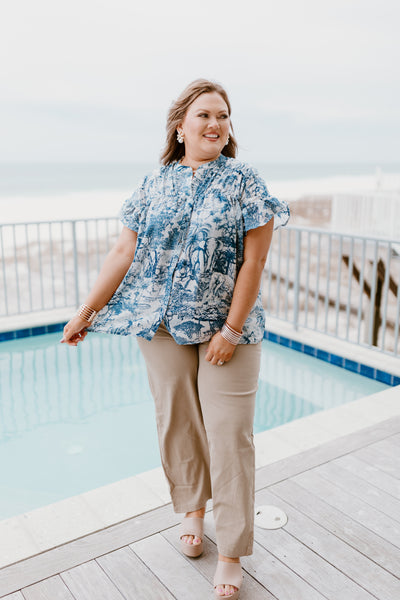 Blue Chinoiserie Pleat Detail Button Down Top