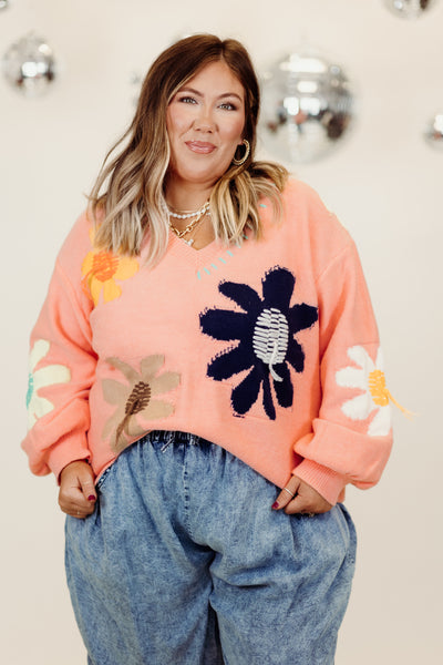 Pink Lemonade Oversized V Neck Floral Fringe Detail Sweater