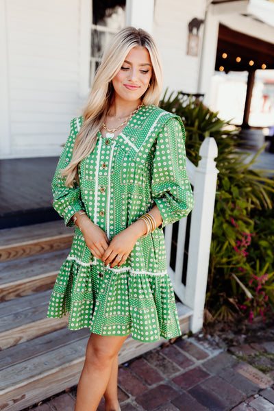 Green Floral Oversized Collared Poplin Dress