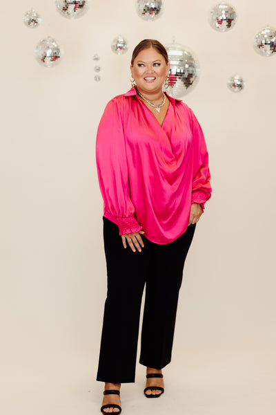 Fuchsia Satin Cowl Neck Blouse