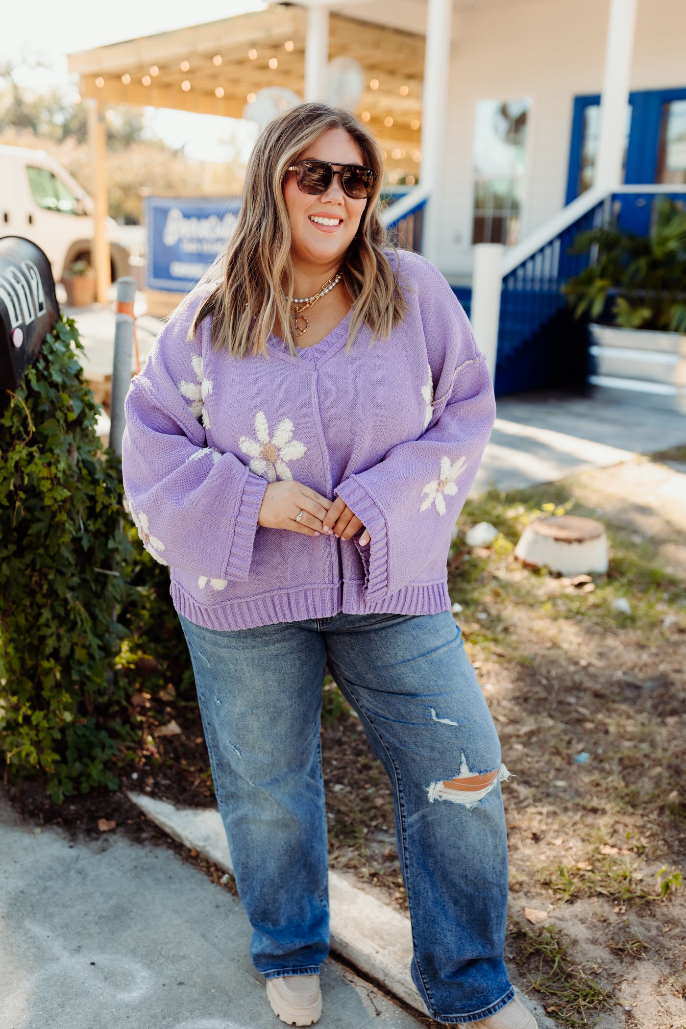 Lavender Floral Knit Oversized Sweater