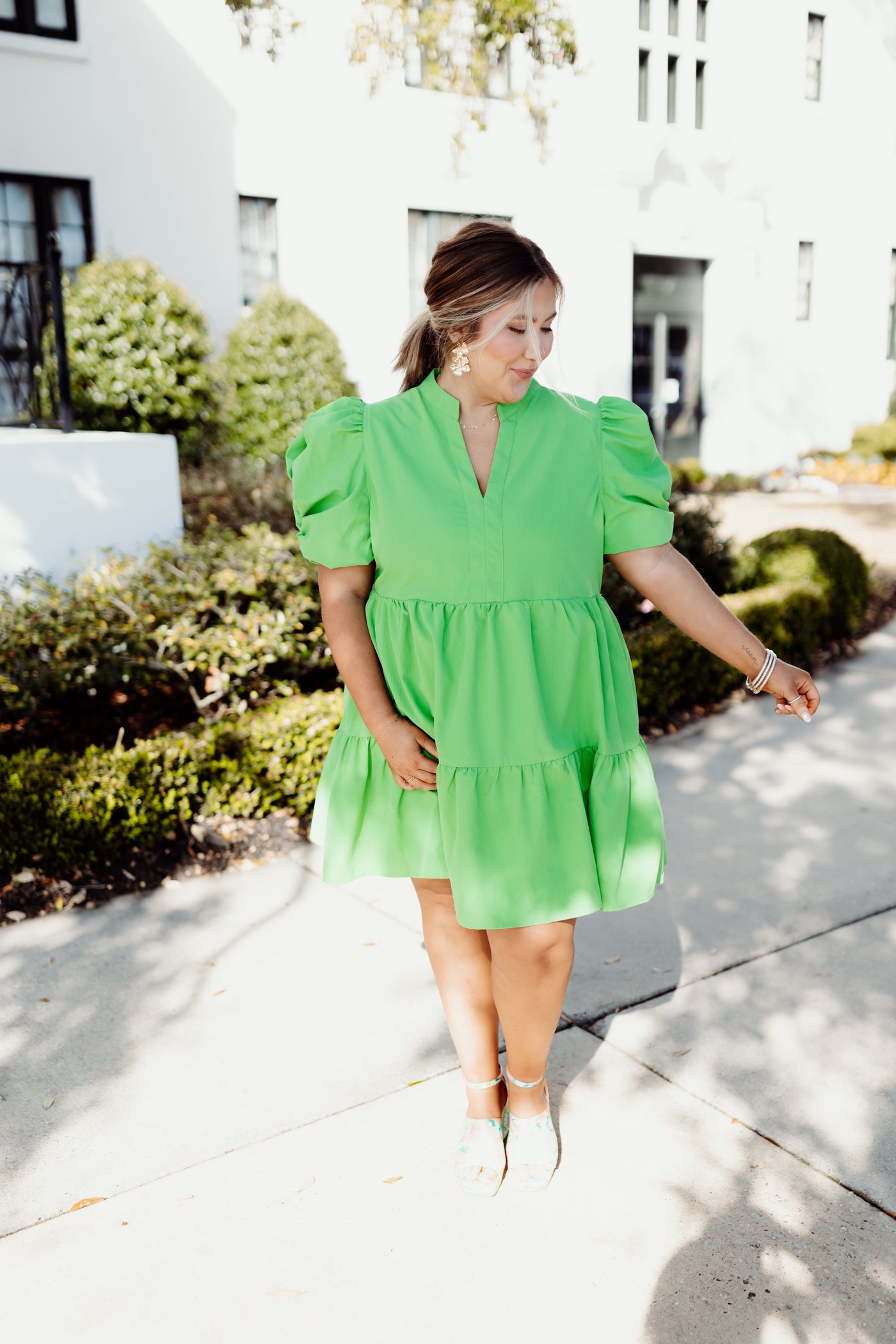Green Solid V-Neck Puff Sleeve Mini Dress