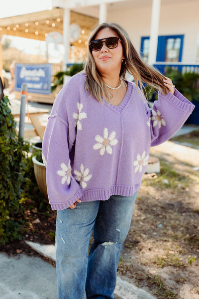 Lavender Floral Knit Oversized Sweater