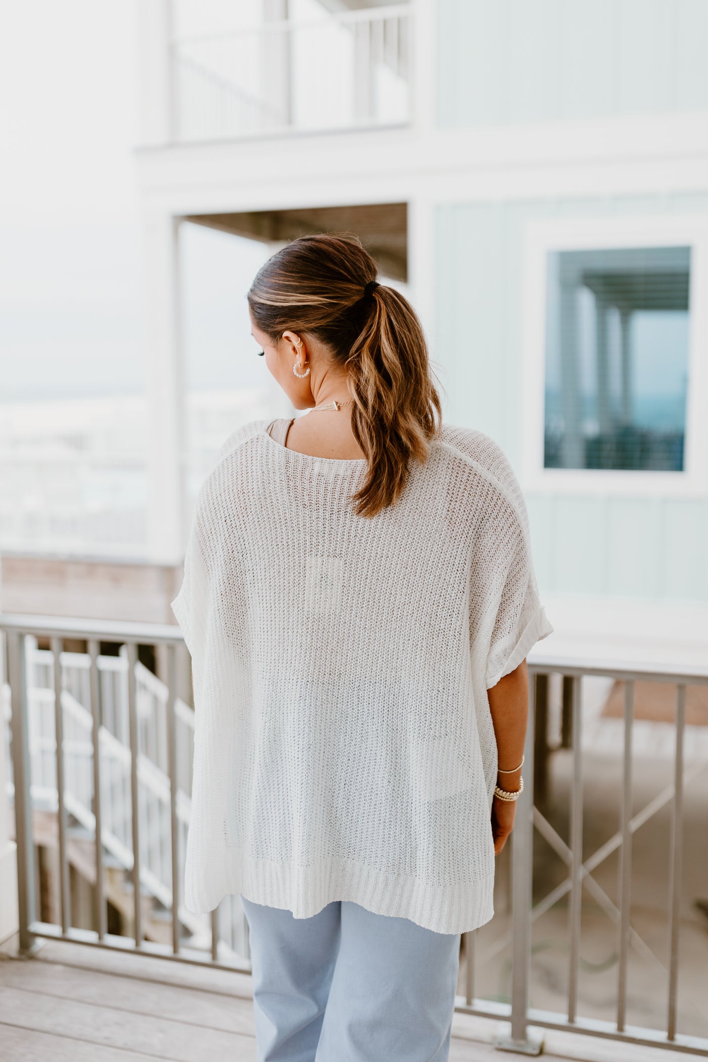 White Lightweight Knit Pocket Sweater