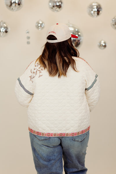 Cream Quilted Embroidered Patchwork Jacket