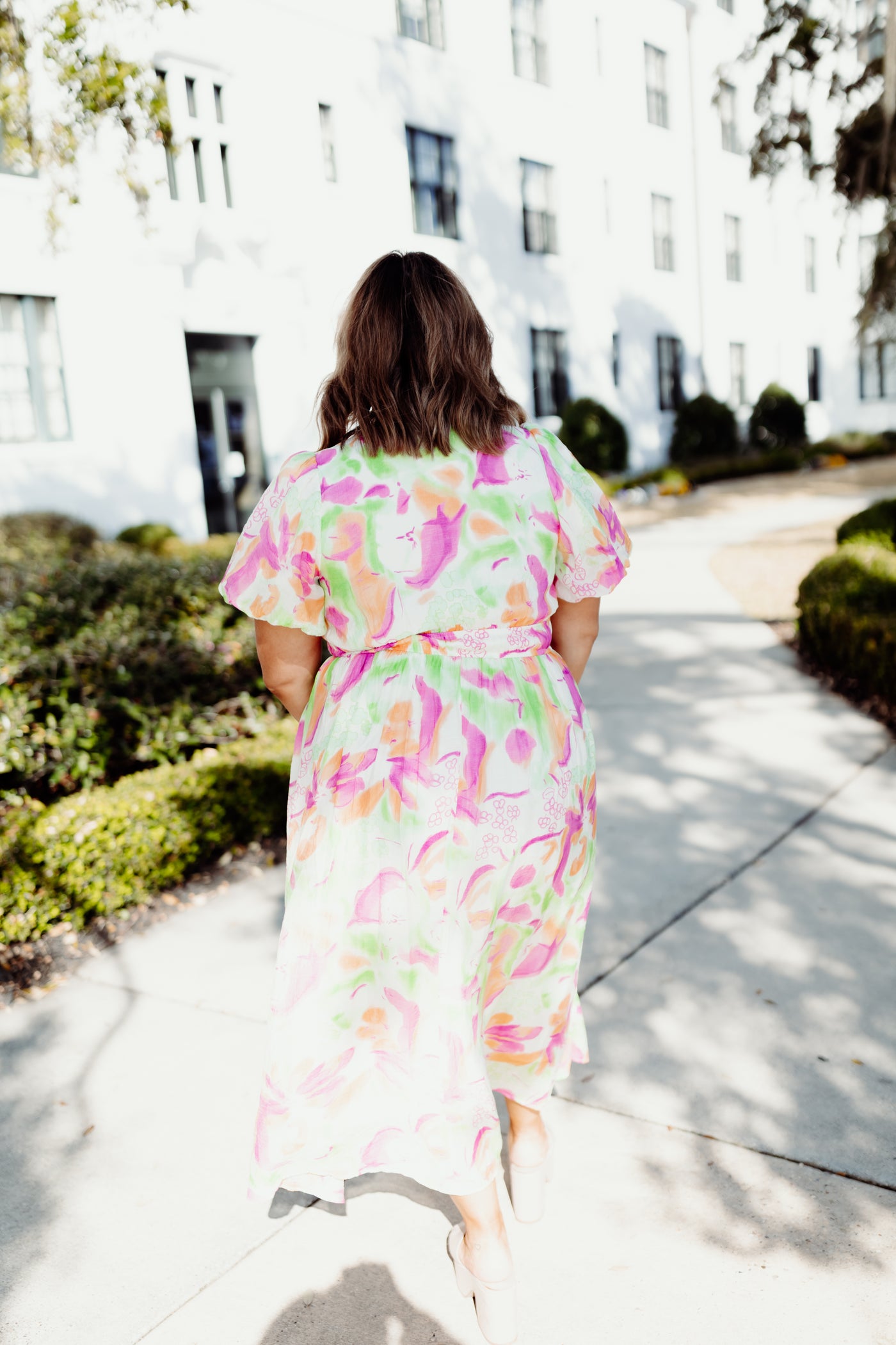 Green Orchid Floral Puff Sleeve Midi Dress
