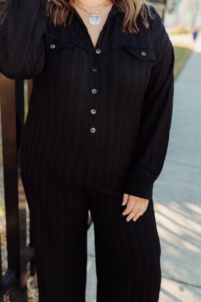 Black Textured Knit Long Sleeve Jumpsuit