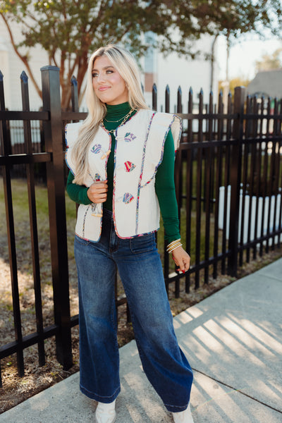 Beige Flutter Sleeve Quilted Vest