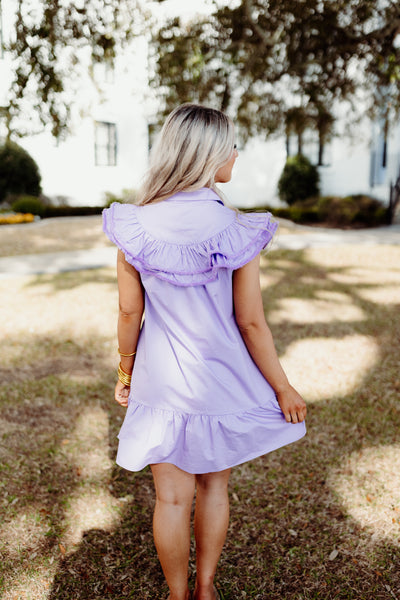 Lavender Poplin Metallic Ruffle Trim Shift Dress