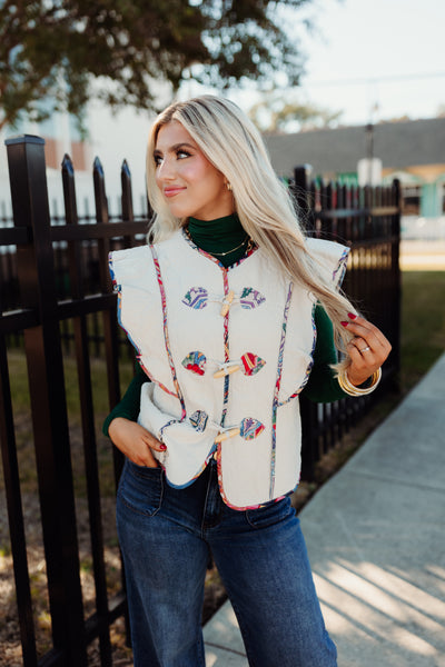 Beige Flutter Sleeve Quilted Vest