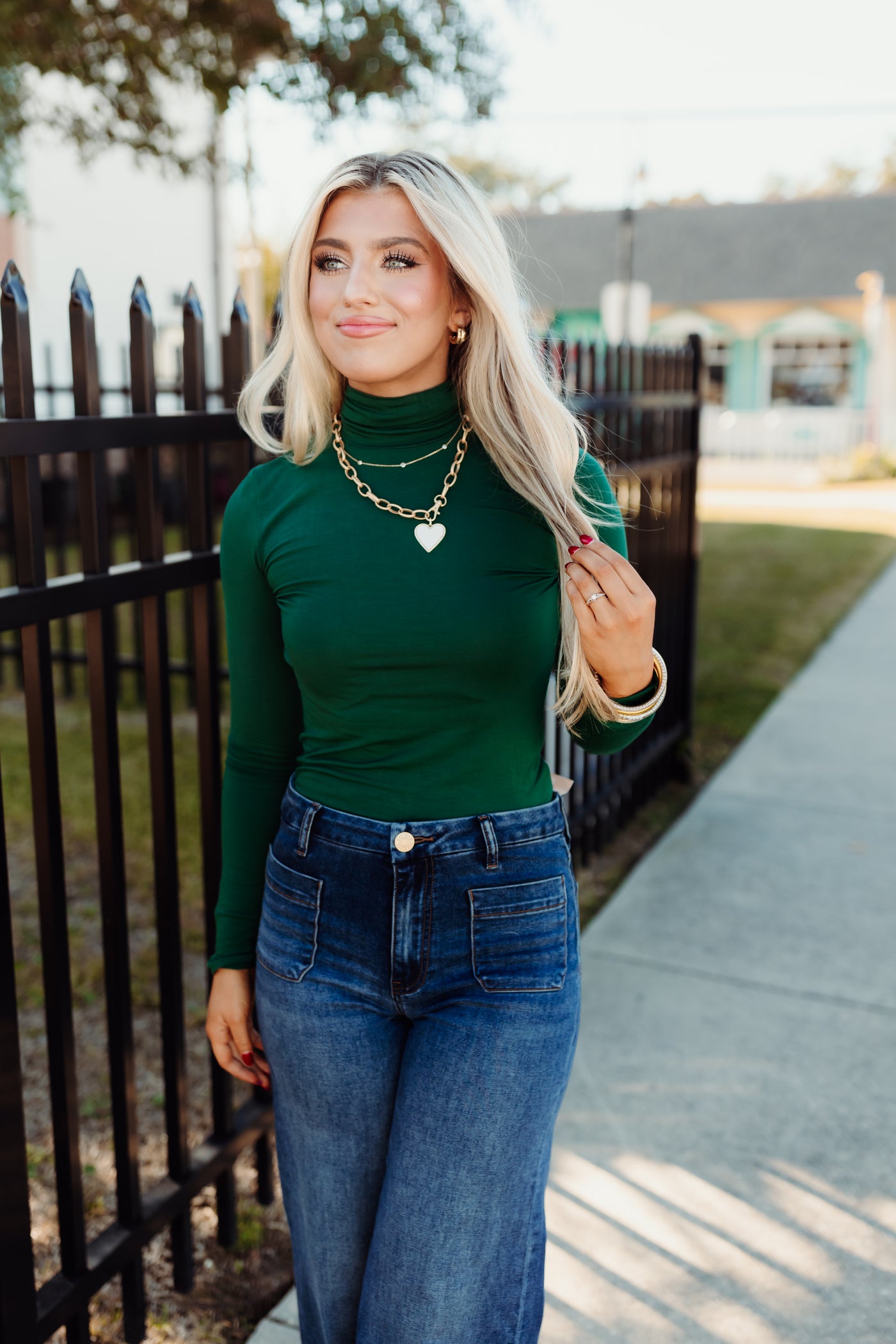 Dark Green Long Sleeve Turtleneck Top