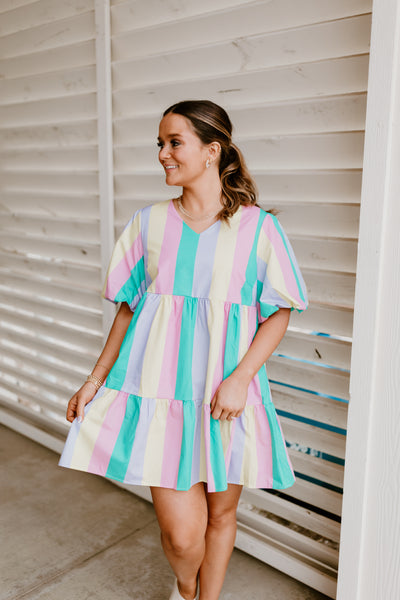 Multi Pastel Striped Puff Sleeve Babydoll Dress