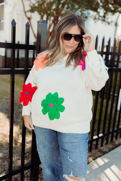 White Multi Floral Knit Oversized Sweater