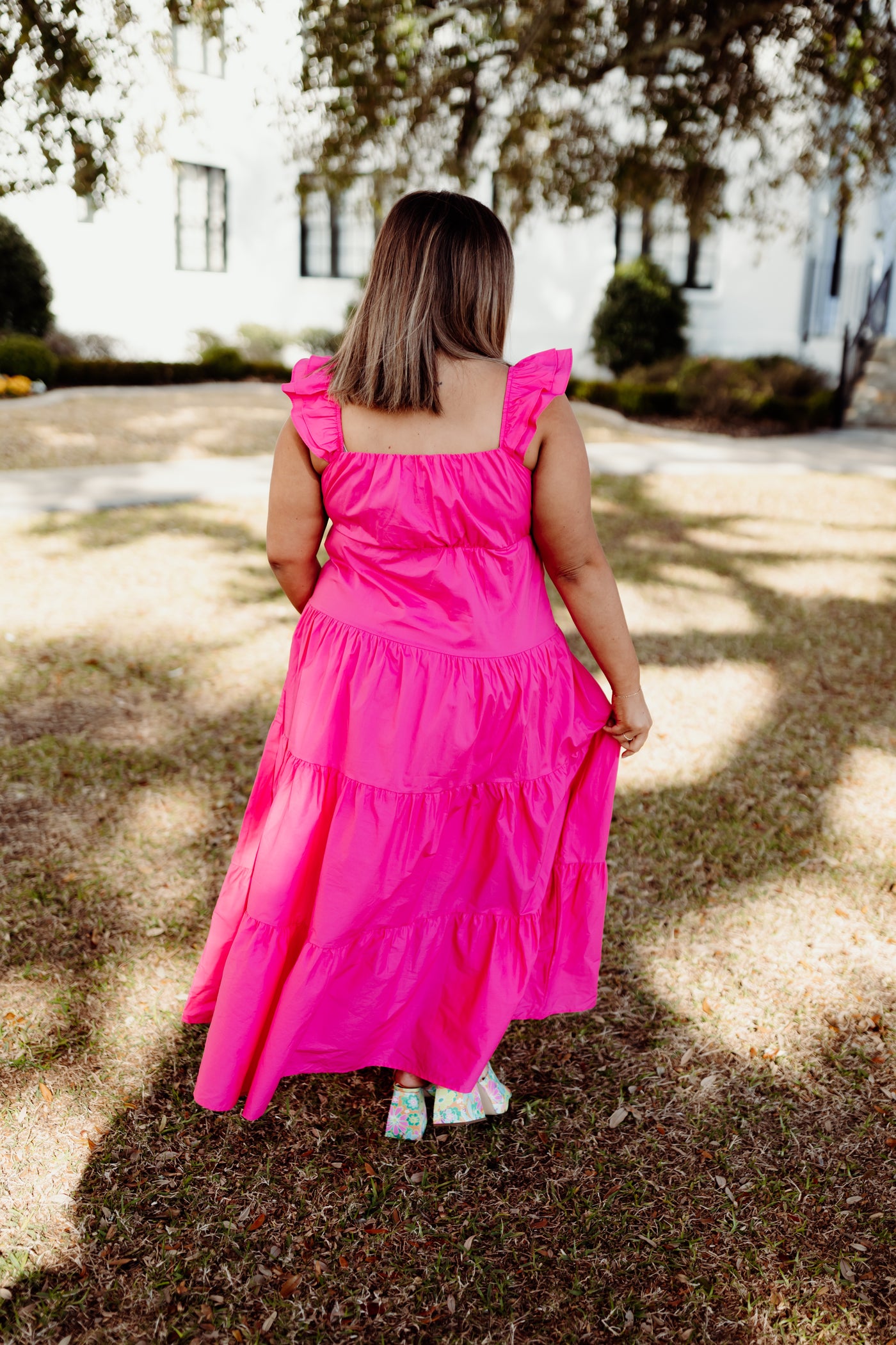 Flamingo Poplin Ruffle Sleeve Maxi Dress