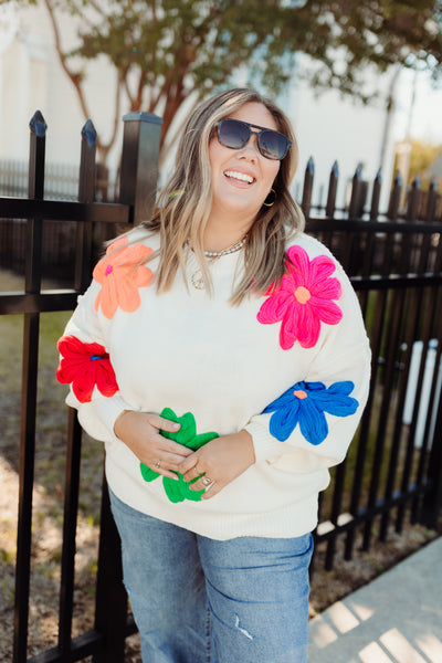 White Multi Floral Knit Oversized Sweater