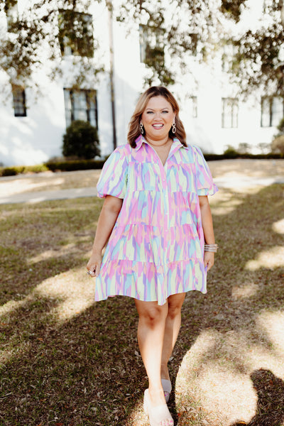 Multi Pastel Printed Puff Sleeve Button Down Dress