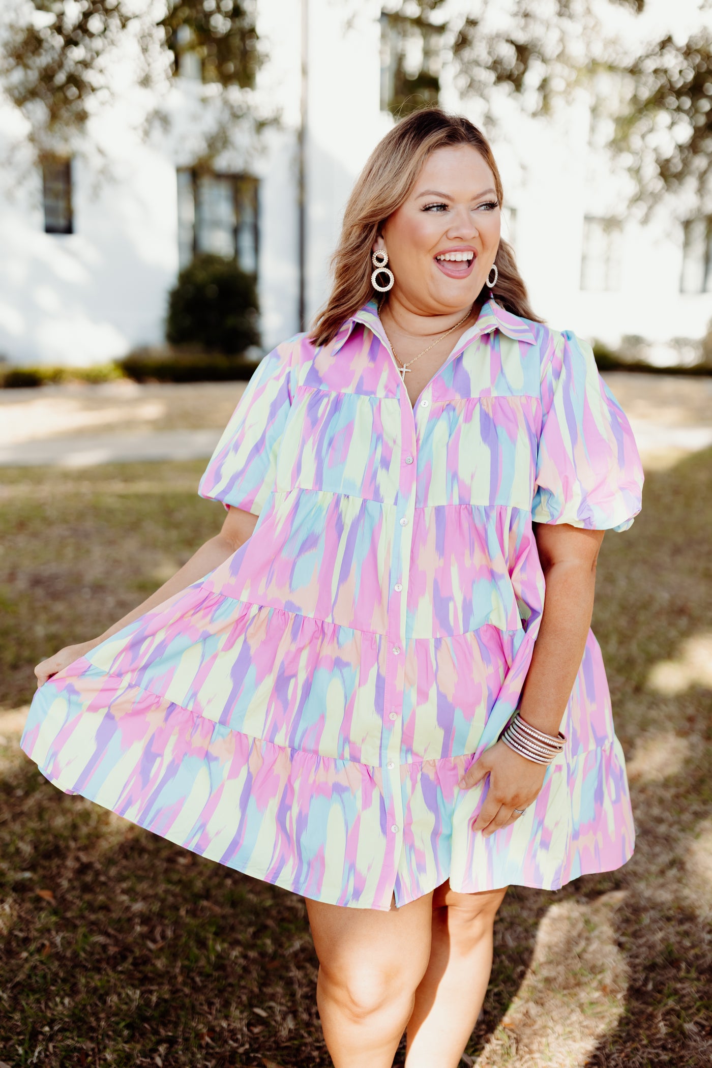 Multi Pastel Printed Puff Sleeve Button Down Dress