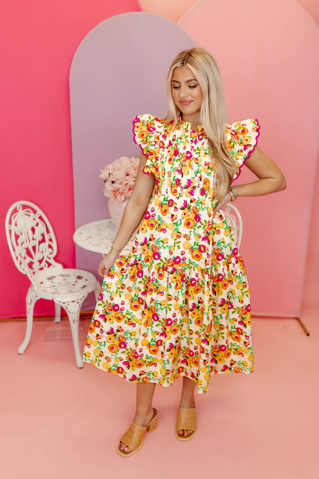 Pink Multi Floral Pleated Flutter Sleeve Midi Dress – Fly Boutique