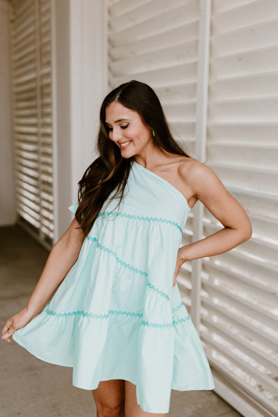 Light Mint Ric Rac Trim One Shoulder Dress