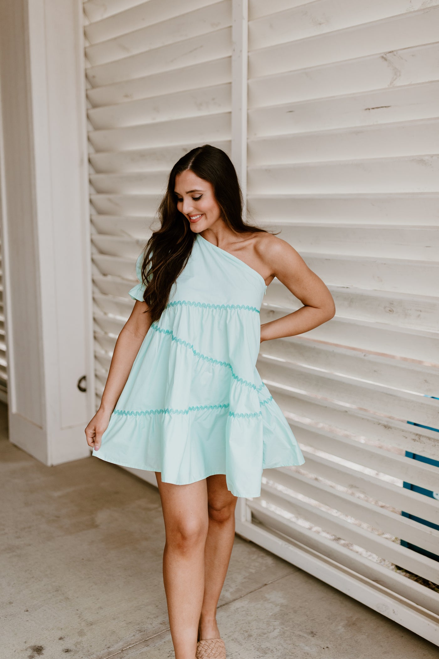 Light Mint Ric Rac Trim One Shoulder Dress