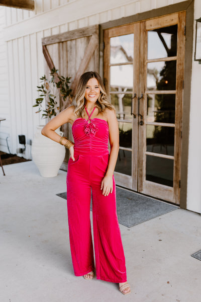 Fuchsia Velvet Ruched Flower Detail Halter Jumpsuit