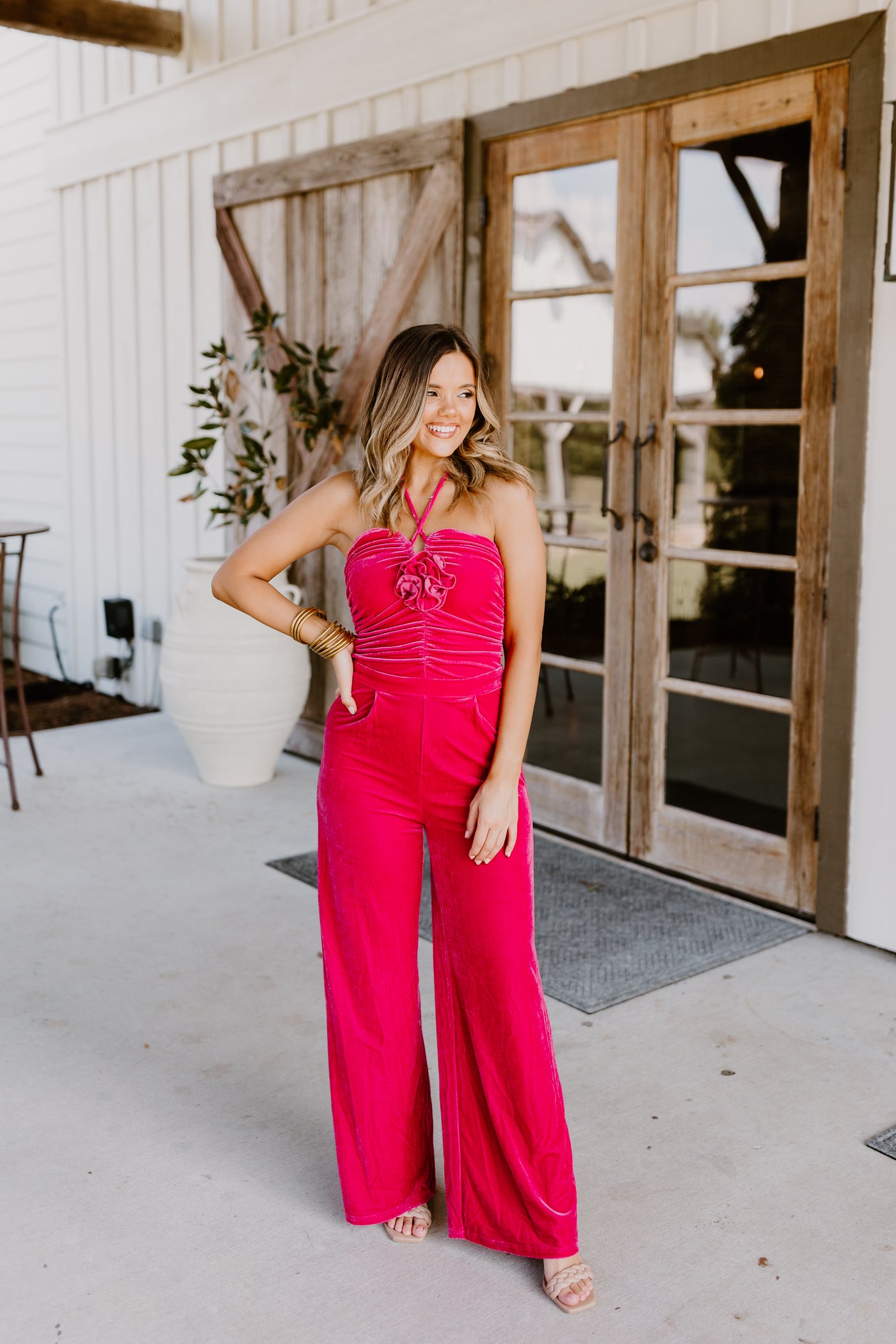 Fuchsia Velvet Ruched Flower Detail Halter Jumpsuit