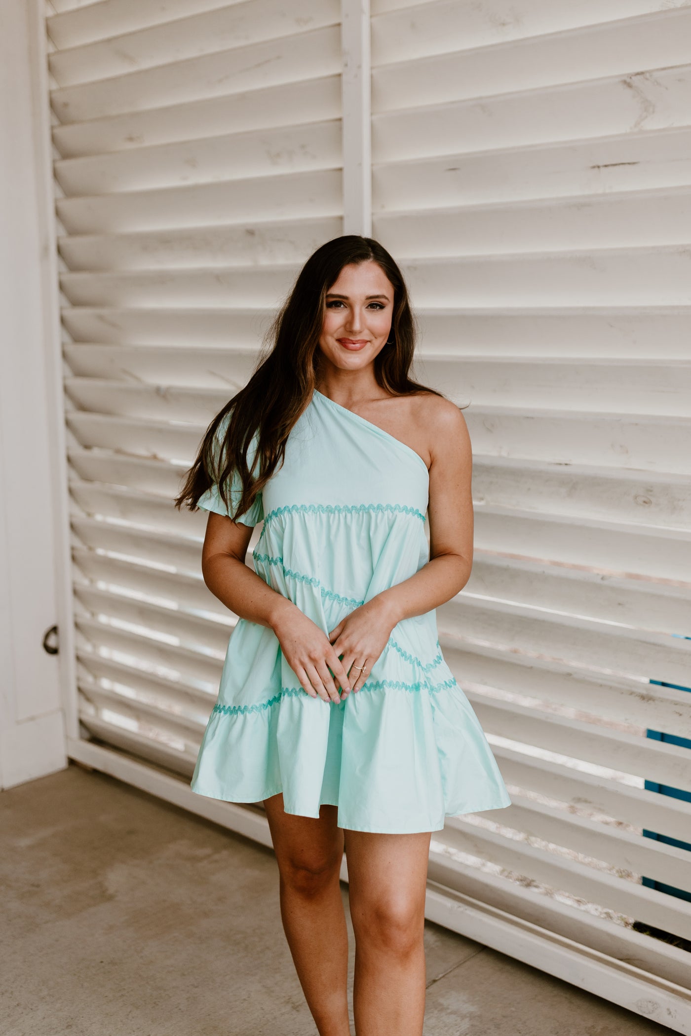 Light Mint Ric Rac Trim One Shoulder Dress