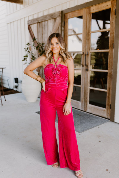 Fuchsia Velvet Ruched Flower Detail Halter Jumpsuit